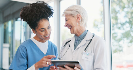 Tablet, discussion and doctor with nurse in clinic for meeting research with laugh together....
