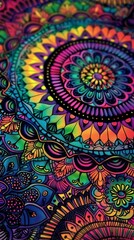 Close-up view of a colorful mandala drawn in black ink on paper