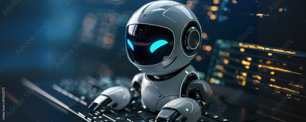 Poster white robot using a computer keyboard in a futuristic setting