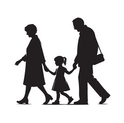 grandparents walking with two granddaughter silhouette vector