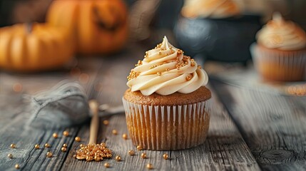 A Golden Sprinkle Cupcake on Rustic Wood