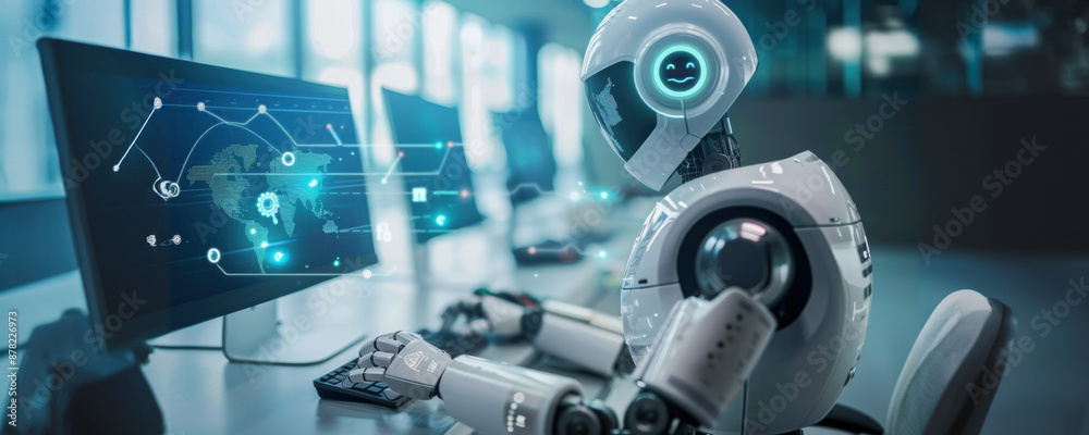 Poster humanoid robot working at a computer with a global network display