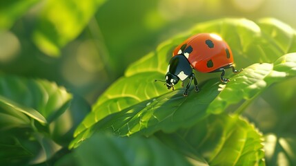 Obraz premium Ladybug On Sunlit Leaf Displaying Detailed Texture Suitable For Nature-Themed Visuals, Insect Concepts, Eco Projects, And Biology Media