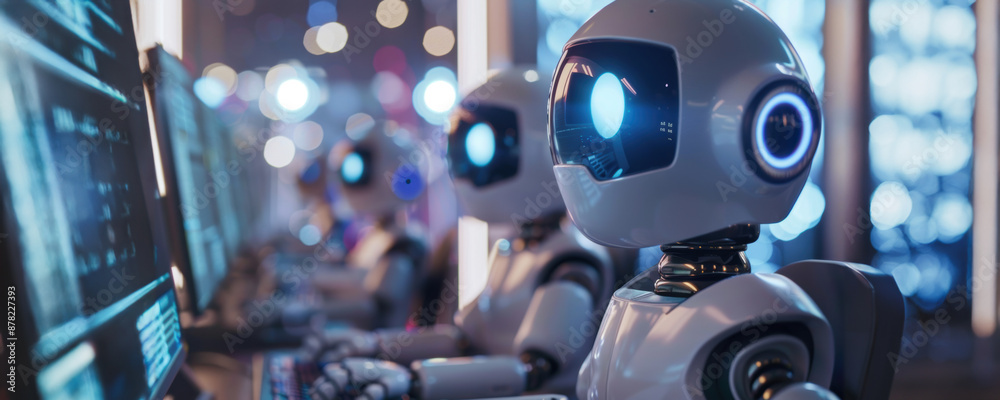 Aufkleber row of white robots working on computers in an office setting at night