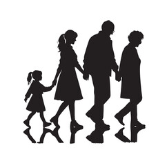 grandparents walking with two granddaughter silhouette vector