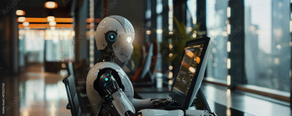Poster white robot using a computer in modern office setting during the day