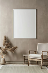 blank, square white frame for mockup, frame hanging on a wall, of a Nordic modern space, do not block frame 