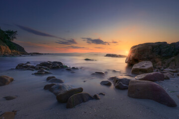 Cala Violina beach in Maremma at sunset, Tuscany. Mediterranean sea. Italy.