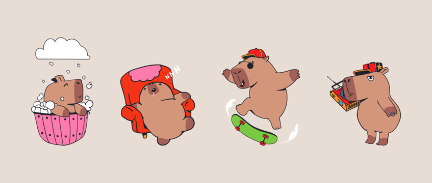 Set of cute capybaras. Takes a bath, skateboards, sleeps on a chair and listens to music from a tape recorder. Character in cartoon flat style. Trendy vector illustration.