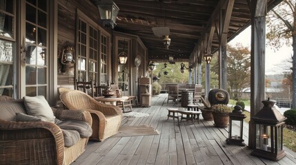 rustic suburban farmhouse with a large wrap-around porch, featuring vintage wicker furniture and a collection of antique lanterns