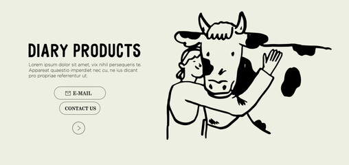 Woman with milk cow hugging. Livestock domestic animal with farm worker on ranch. Farmer milker and her cattle. Support local farmers vector illustration in charcoal, ink or crayon hand drawn style.