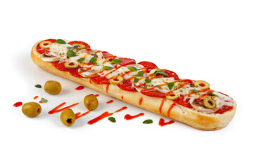 A zapiekanka  is a toasted open-face sandwich made of a sliced baguette or other long roll of bread, topped with sautéed white mushrooms, cheese and sometimes other ingredients such as ham. Served hot