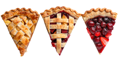 Three delicious pies: one with apple slices, one with a lattice crust filled with mixed berries, and one topped with whole raspberries and blueberries. 