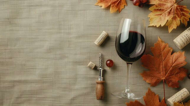 A Glass of Red Wine and Autumn Leaves on Linen