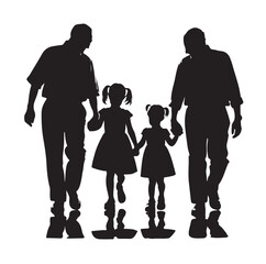 grandparents walking with two granddaughter silhouette vector