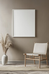 blank, square white frame for mockup, frame hanging on a wall, of a Nordic modern space, do not block frame 
