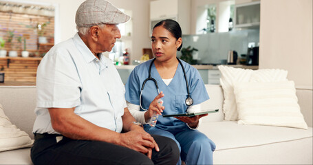 Elderly care, doctor or senior man on sofa for consultation, information or instructions for pills...