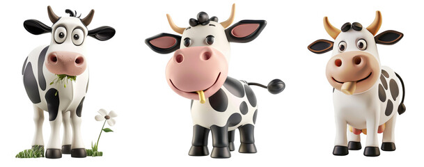 Fototapeta premium 3D Cartoon Cow PNG Set - Adorable Farm Animal Illustrations with Transparent Background for Commercial Use 