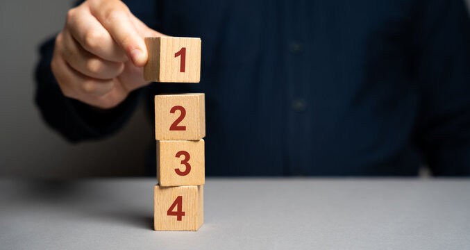 Businessman puts wooden blocks with the number 1 2 3 4. Task list. Alternate items and conditions for implementation. Organization and systematization, step by step instructions.