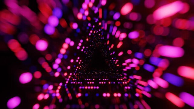triangular tunnel. Fly through mirror tunnel with neon pattern, glow lines form sci fi pattern. Bright reflection neon light. Simple bright background, sci fi structure. 4k seamless looped animation.