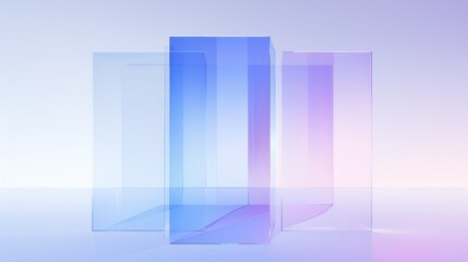 Three rectangular transparent glass blocks with a gradient, translucent color background. The glass material creates the impression of three-dimensional space. Minimalist style soft lighting