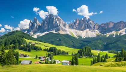 Fototapeta premium Enchanting alpine villages stone cottages, colorful rooftops, snowy peaks, lush green meadows