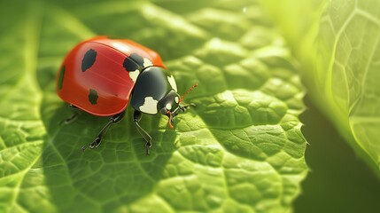 Fototapeta premium Sharp macro view ladybug leaf texture suitable biology studies nature concepts eco visuals single close-up entomology forest