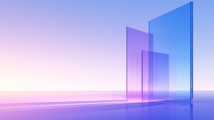 Three rectangular transparent glass blocks with a gradient, translucent color background. The glass material creates the impression of three-dimensional space. Minimalist style soft lighting