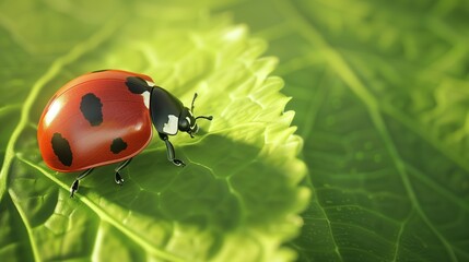 Fototapeta premium Ladybug resting sunlit leaf use nature campaigns environmental macro concepts projects single close-up texture entomology education