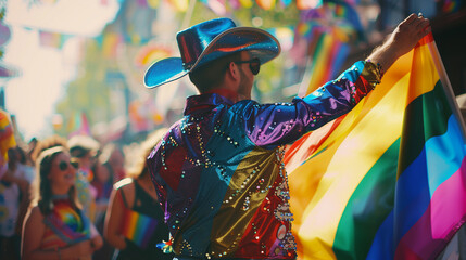 Extravagant cowboy at Pride parade, wearing a glittery outfit and holding a rainbow flag, celebrating LGBTQ+ pride with a vibrant crowd