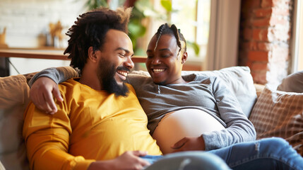 Fototapeta premium Happy pregnant transgender man standing in a sunlit room, radiating joy and contentment.