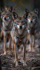 Obraz premium Wolves hunting in dense jungle, alert and prowling for prey amidst lush undergrowth