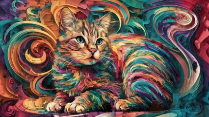 A colorful painting of a cat sitting on top of swirls, AI
