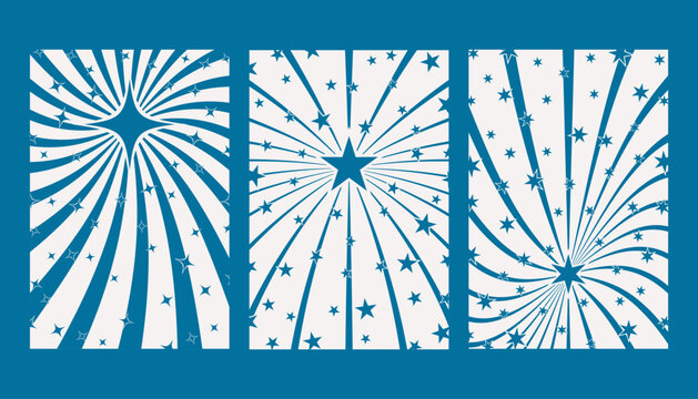 Festive retro, vintage backgrounds set with abstract rays, stars and sparkles. Vector illustrations.