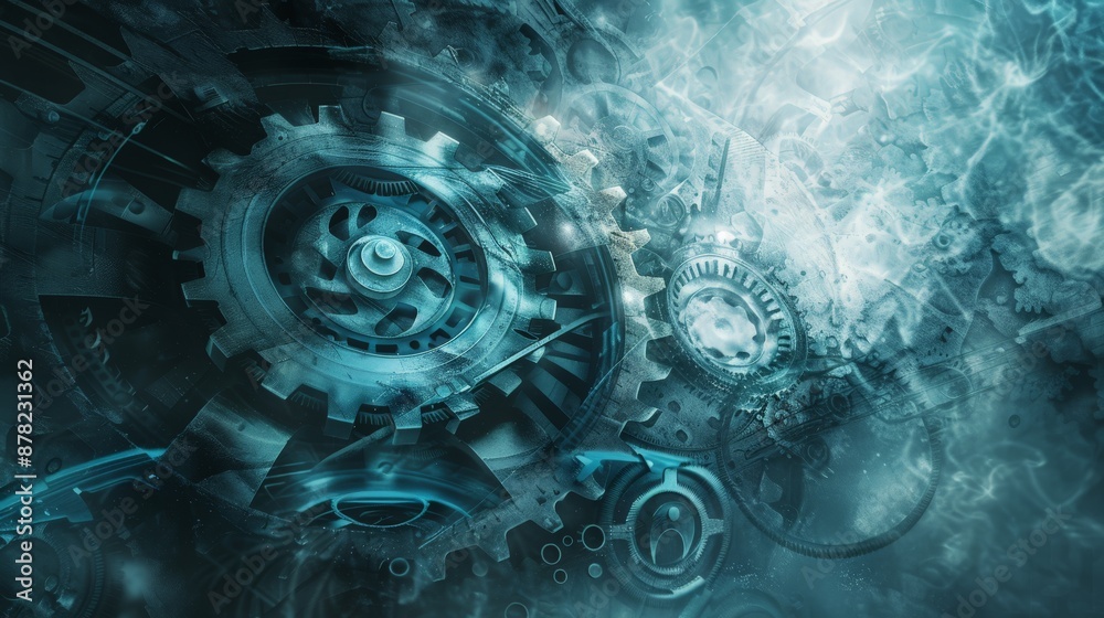 Poster Complex interlocking gears and cogs with a blue light and smoke effect. Symbolizes intricate engineering and technological innovation.