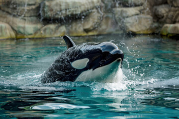 Obraz premium Orca swimming in a pool. AI generative.