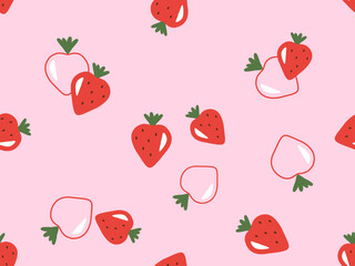 Seamless pattern of strawberry with green leaves on pink background vector. Cute fruit print.