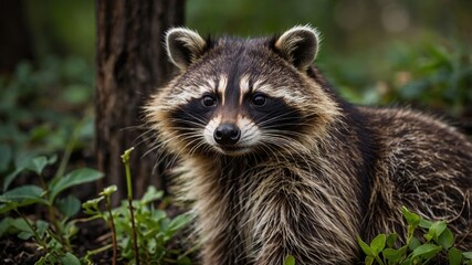 Obraz premium A close-up of a raccoon in a forest, highlighting its detailed fur and distinct facial markings amidst a natural, leafy background. 