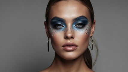 A fashion model with bold blue eye makeup and metallic earrings, showcasing an avant-garde and artistic style in a studio setting.
