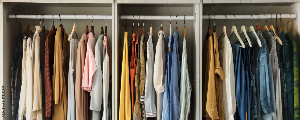 Wall mural Colorful clothing hanging in a closet with white hangers