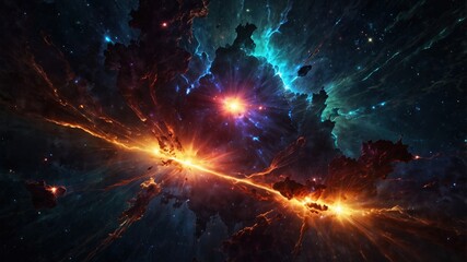 Obraz premium A vibrant nebula with intense bursts of galactic energy, illustrating the dynamic and colorful nature of the cosmos. 