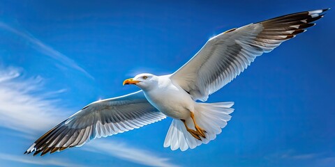 Obraz premium A close-up image of a majestic gull soaring gracefully in the clear blue sky, seagull, flying, nature, bird, wildlife, feathers