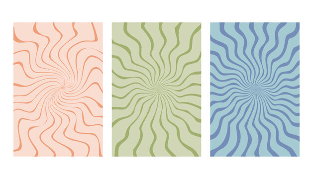 Round spiral backgrounds set in retro style and vintage colors. Vector illustrations with abstract circular pattern.