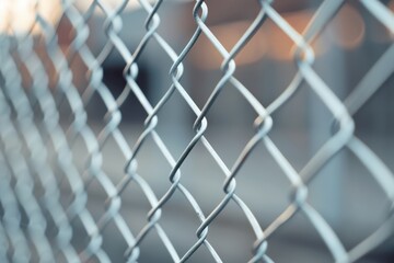 Fototapeta premium Close-up of a metal chain-link fence with a blurred background. Represents barriers, security, and boundaries.