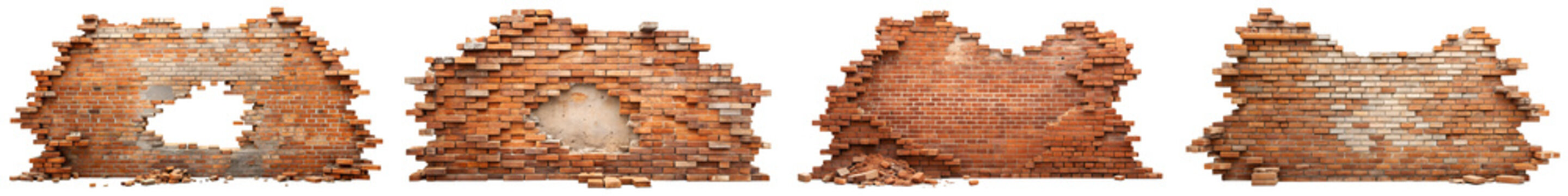 Destroyed red brick wall on transparent background PNG file