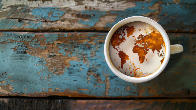 A creatively crafted latte art featuring a world map design in a coffee cup, placed on a rustic world map background. Perfect for travel and coffee enthusiasts.