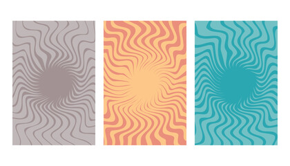 Round spiral backgrounds set in retro style and vintage colors. Vector illustrations with abstract circular pattern.