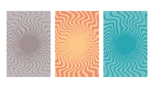 Round spiral backgrounds set in retro style and vintage colors. Vector illustrations with abstract circular pattern.