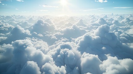 Hyper-realistic 3D rendered cloudscape viewed from above. Dramatic aerial perspective. Distant...