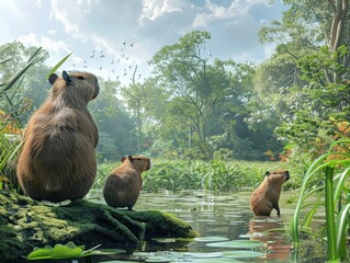 Three capybaras sit by a serene riverside surrounded by lush greenery and a tranquil forest, bathed in natural sunlight.